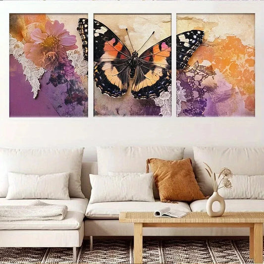 3pcs Rustic Floral Lace Vintage Butterfly  Wall Art Set Canvas Framed 40x60cm - High Quality Print 100% Australian Made Wall Canvas Ready to Hang