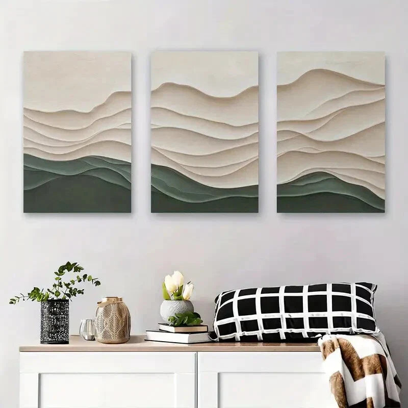 3pcs Abstract Geometric Wave Neutral Tones Metal Print Ready to Hang Art