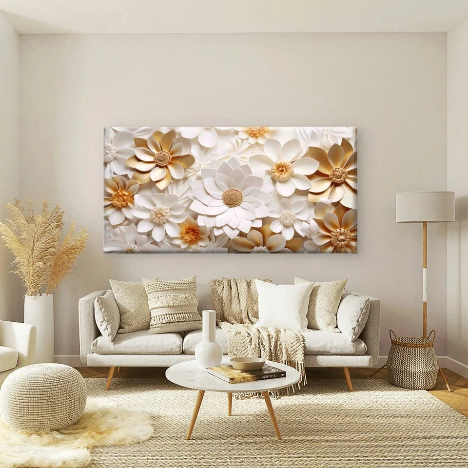 Elegant Gold White Paper Flower Wall Art Canvas Office Home Room Framed 120x60cm