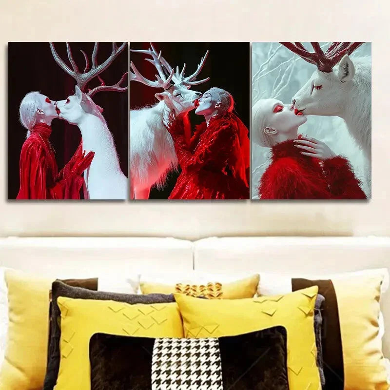 3pcs White Deer, girl Art Painting Metal Print Ready to Hang Art