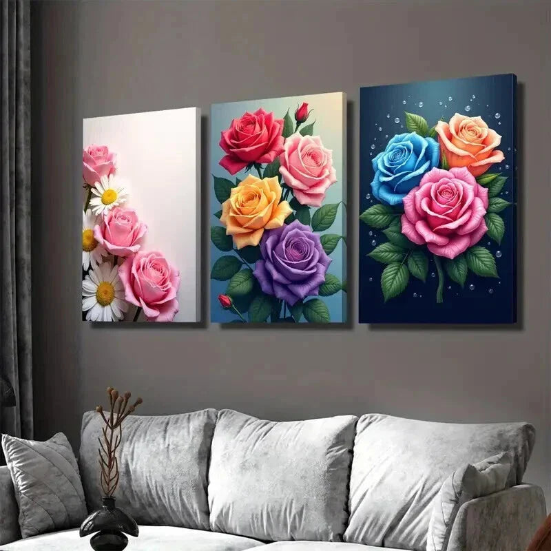 3pcs Colorful Rose and Daisy Beautiful Floral Wall Art Set Canvas Framed 40x60cm - High Quality Print 100% Australian Made Wall Canvas Ready to Hang