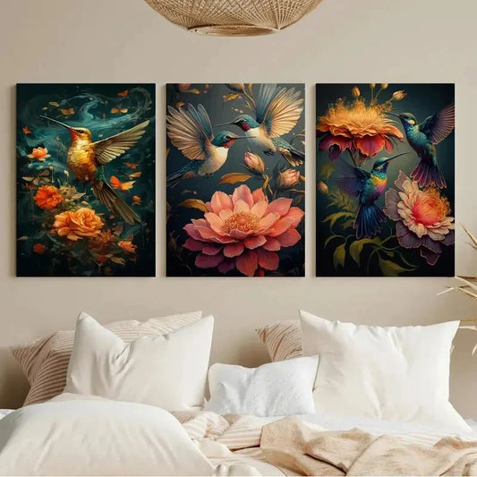 3pcs Vibrant Hummingbird & Flower Metal Print Ready to Hang Art