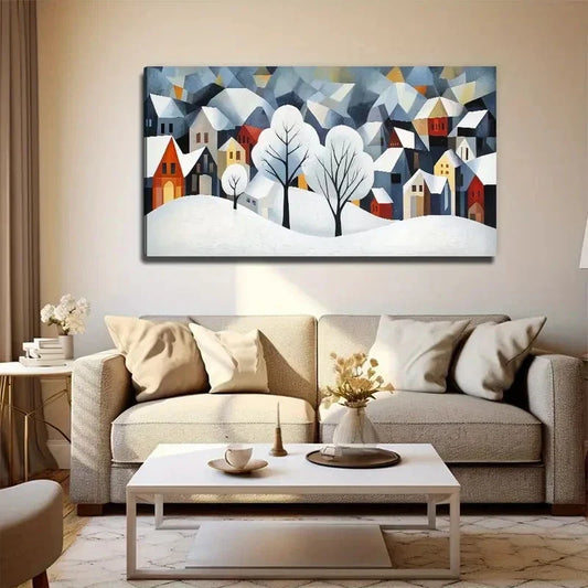 Snowy Village Scene Winter Wall Art Canvas Office Home Room Framed 120x60cm