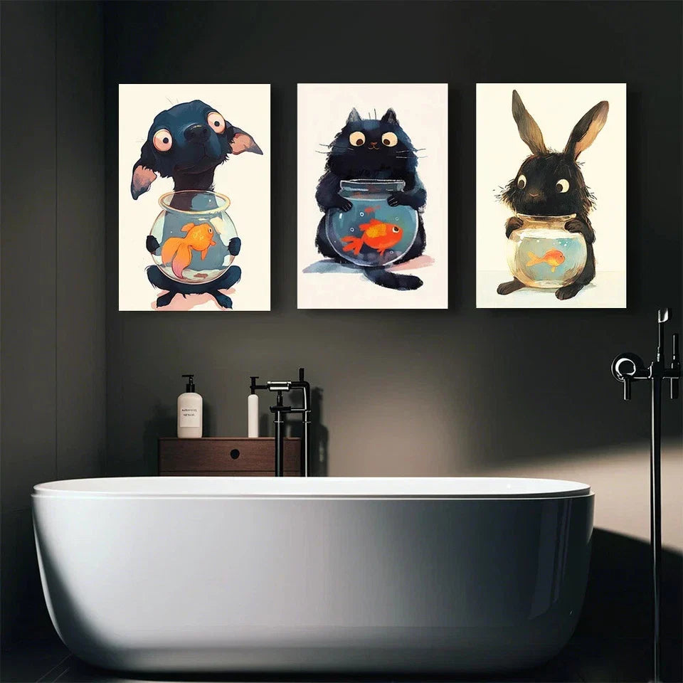 3pcs Whimsical Animal & Fish Tank Vibrant Playful Metal Print Ready to Hang Art