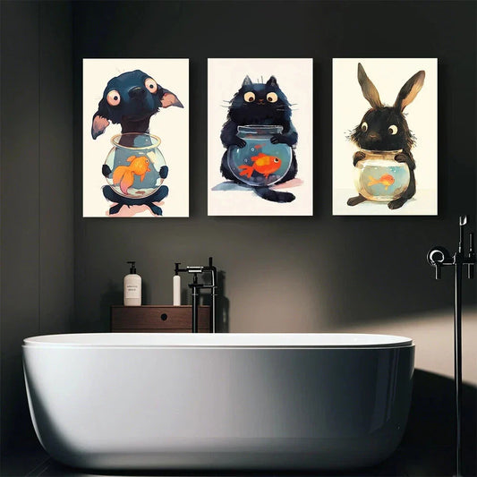 3pcs Whimsical Animal & Fish Tank Vibrant Playful Metal Print Ready to Hang Art