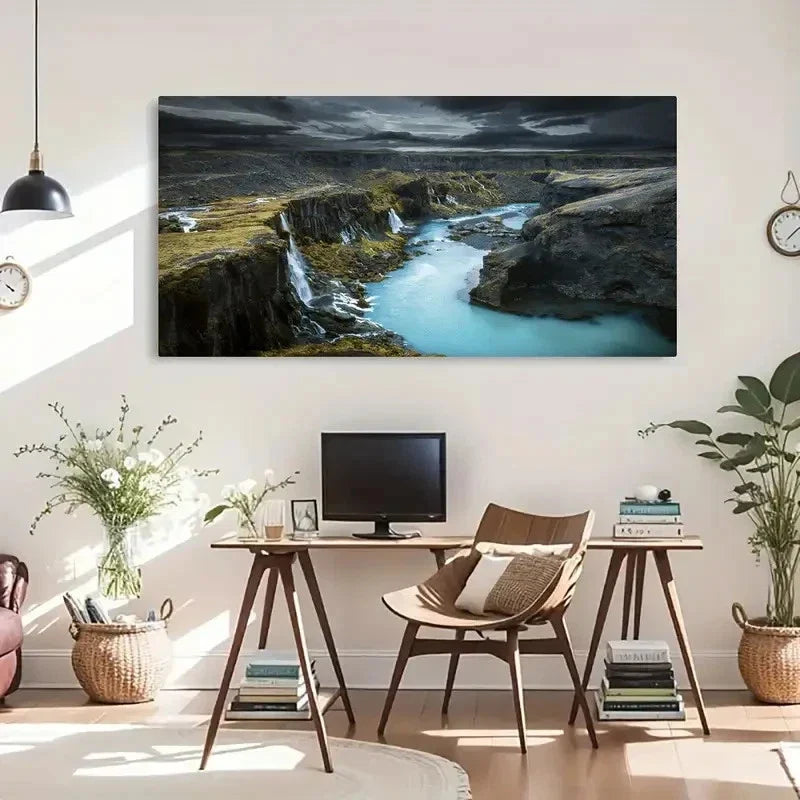 Serene Waterfall Scenery Black Wall Art Canvas Office Home Room Framed 120x60cm