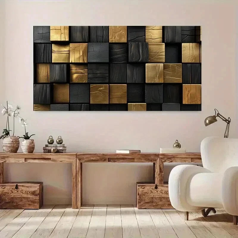Golden & Black Wooden Blocks Wall Art Canvas Office Home Room Framed 80x45cm