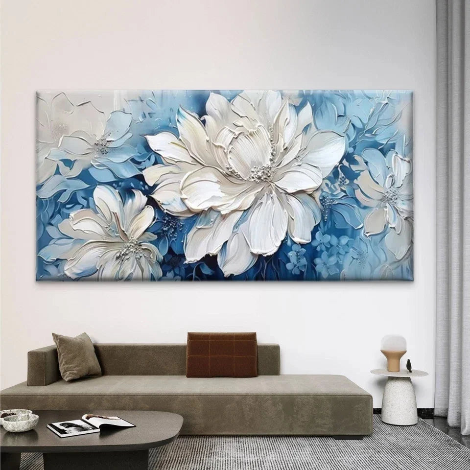 Elegant White & Blue Floral Wall Art Canvas Office Home Room Framed 80x45cm