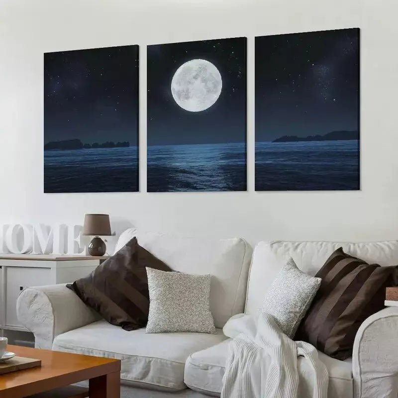 3pcs Full Moon on a Dark Night with Stars Wall Art Set Canvas Framed 40x60cm - High Quality Print 100% Australian Made Wall Canvas Ready to Hang
