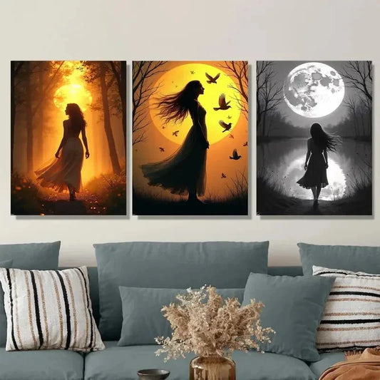3pcs Sunset, Moonlight & Silhouette Classic Girl  Wall Art Set Canvas Framed 40x60cm - High Quality Print 100% Australian Made Wall Canvas Ready to Hang