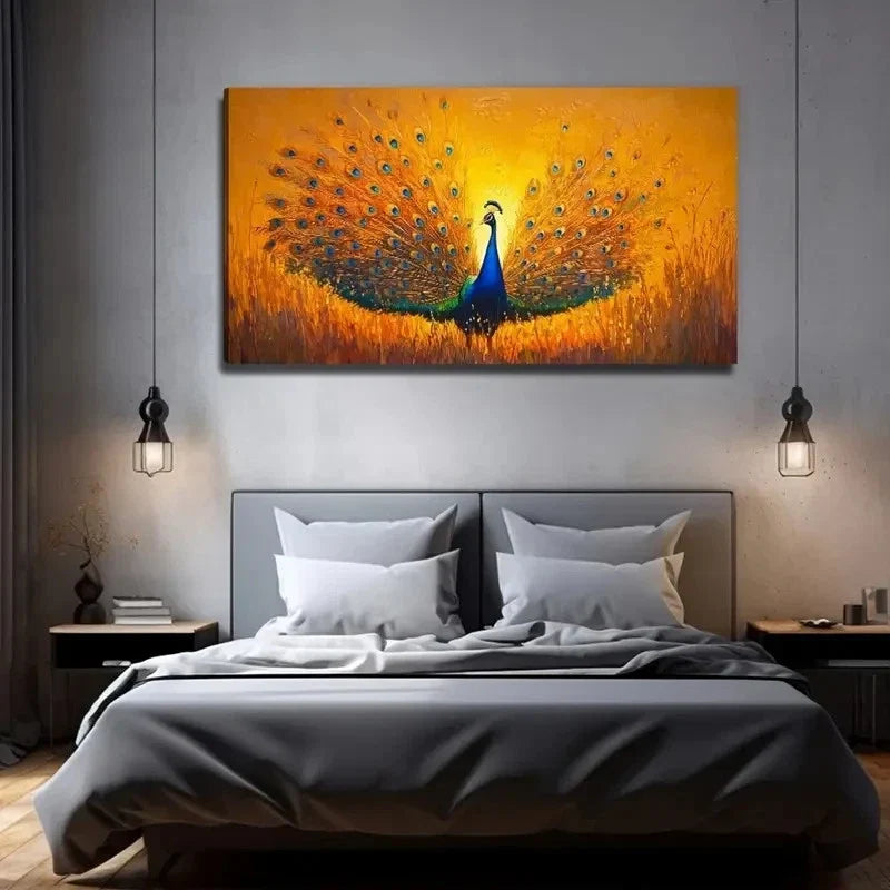 Sunset Peacock Vibrant Wall Art Canvas Office Home Room Framed 80x45cm