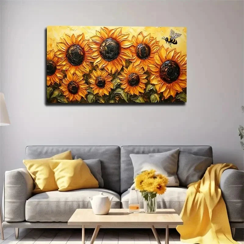 Large Sunflower And Bee Wall Art Canvas Office Home Room Framed 120x60cm