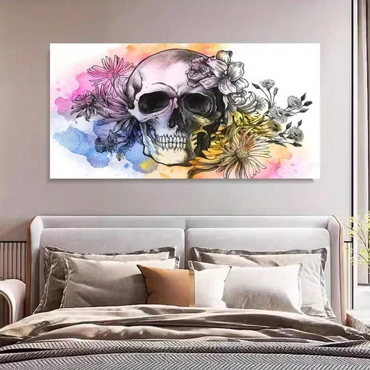 Vibrant Floral Skull Design Wall Art Canvas Office Home Room Framed 80x45cm
