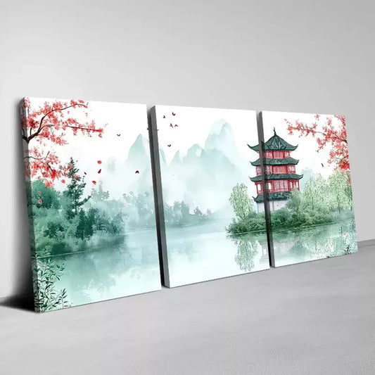3pcs Traditional Chinese Landscape with Pagoda Wall Art Set Canvas Framed 40x60cm - High Quality Print 100% Australian Made Wall Canvas Ready to Hang