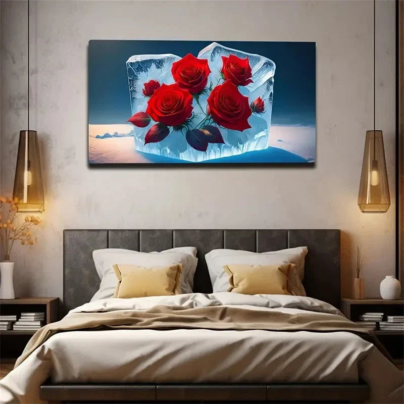 Frozen Roses Deep Red Abstract Wall Art Canvas Office Home Room Framed 120x60cm