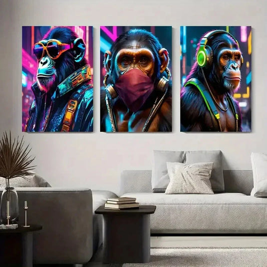 3pcs Monkeys with Headphones and Masks Metal Print Ready to Hang Art