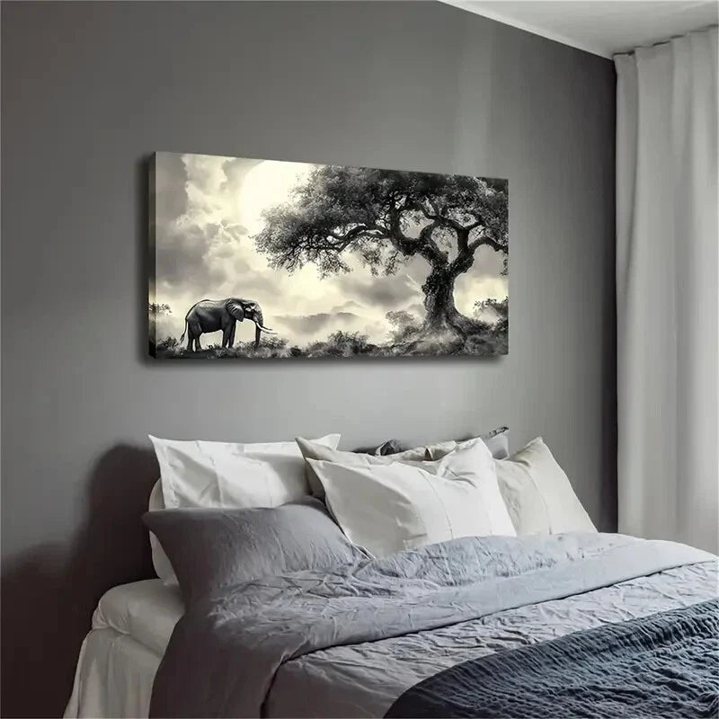 Black & White Elephant and Tree Wall Art Canvas Office Home Room Framed 120x60cm