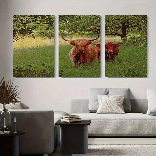 3pcs Brown Cow and Green Field Rural Farm Metal Print Ready to Hang Art