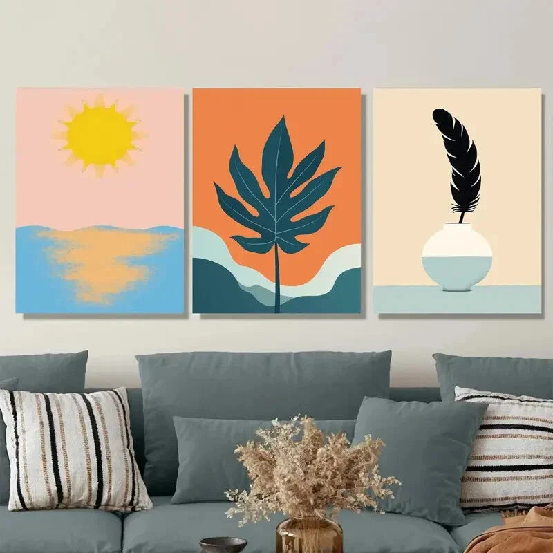 3pcs Vibrant Sun, Leaf Pink, Orange, Blue, Green Metal Print Ready to Hang Art