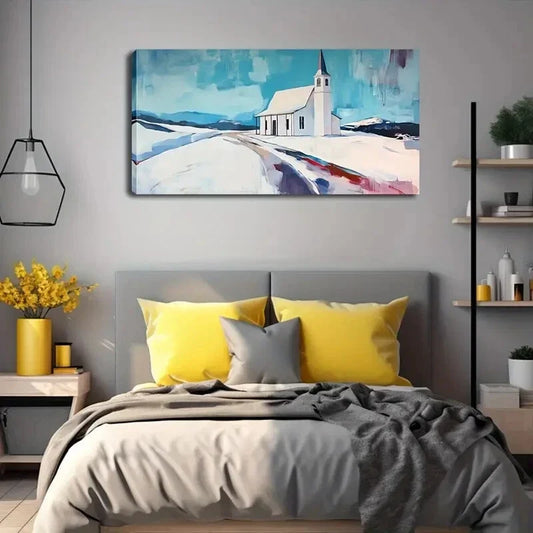 Snowy Landscape White Church Wall Art Canvas Office Home Room Framed 120x60cm