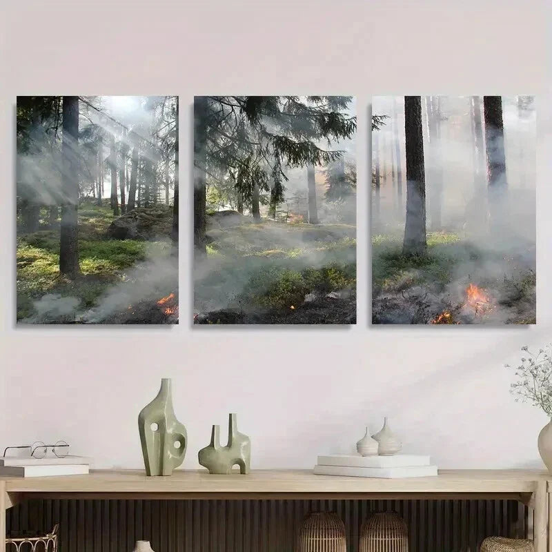3pcs Forest Fire in Nature Smoky Forest Metal Print Ready to Hang Art
