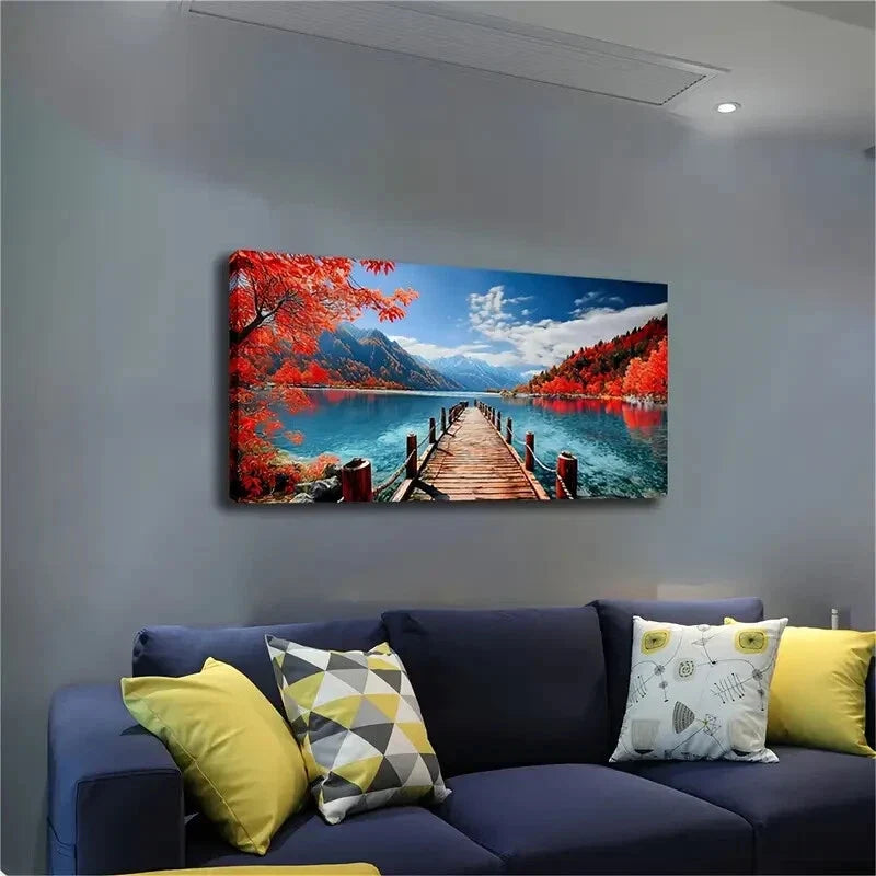Vibrant Autumn Lake and Bridge Wall Art Canvas Office Home Room Framed 120x60cm