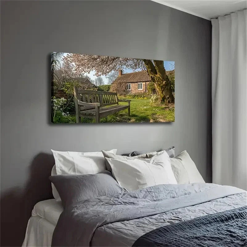 Countryside Cottage & Bench Wall Art Canvas Office Home Room Framed 120x60cm
