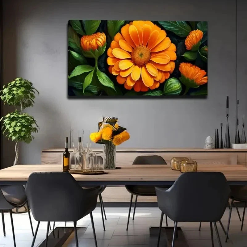 Vibrant Orange & Yellow Flowers Wall Art Canvas Office Home Room Framed 80x45cm