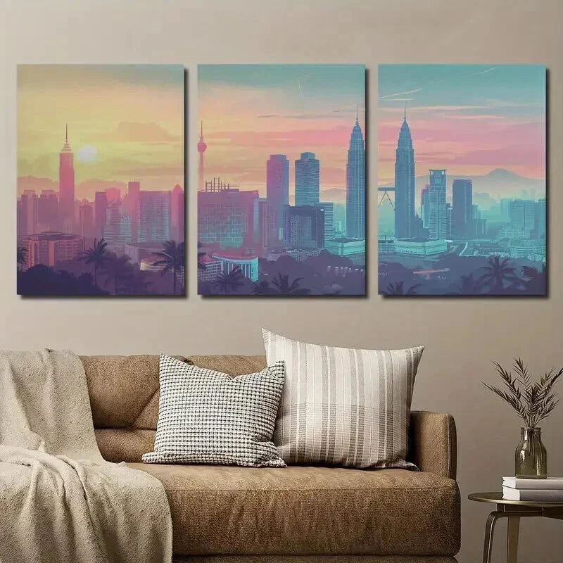 3pcs Vibrant Malaysia Kuala Lumpur Cityscape Wall Art Set Canvas Framed 40x60cm - High Quality Print 100% Australian Made Wall Canvas Ready to Hang