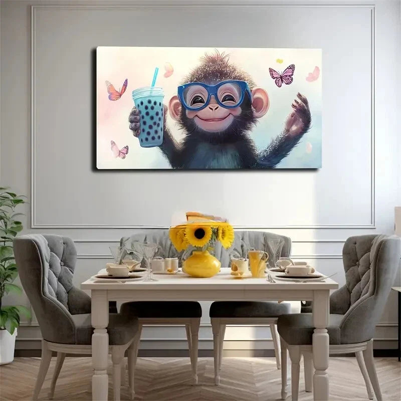 Playful Monkey Blue Drink Color Wall Art Canvas Office Home Room Framed 120x60cm