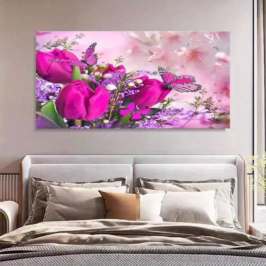 Floral Landscape Pink Roses Butterflies Wall Art Canvas Office Home Room Framed 80x45cm