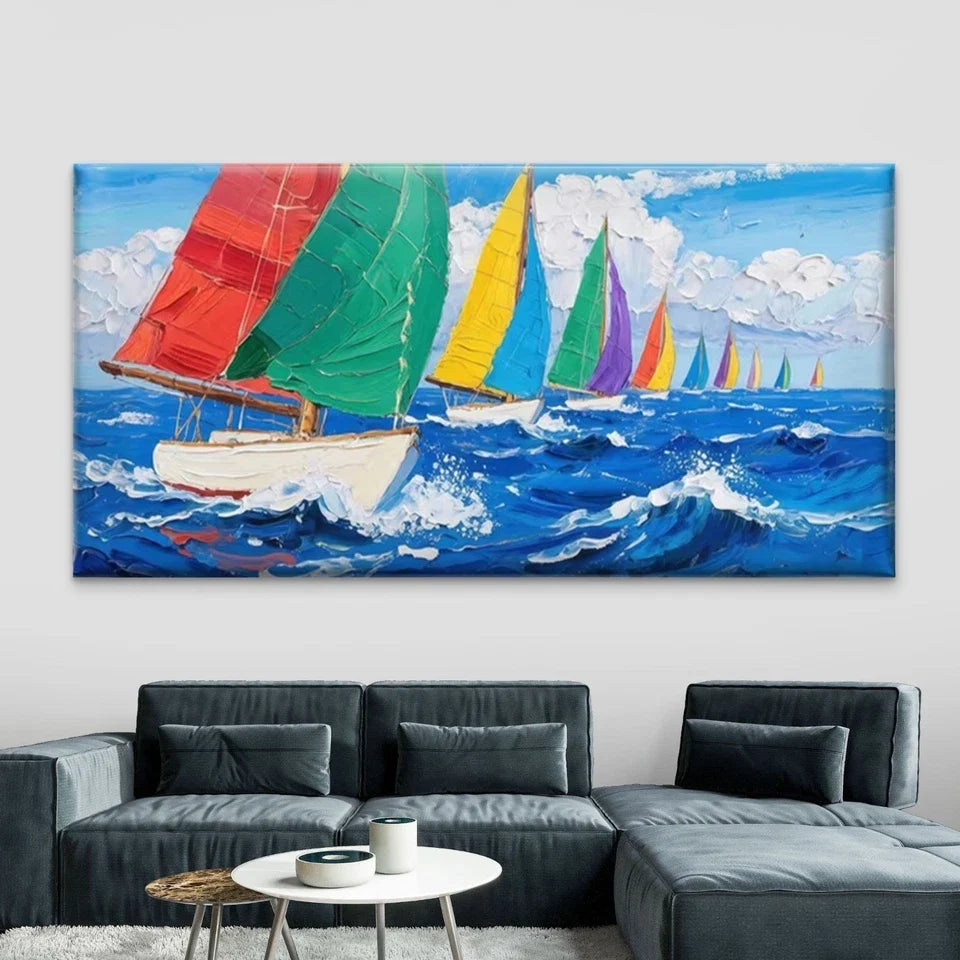 Nautical Sailboats Ocean Waves Wall Art Canvas Office Home Room Framed 80x45cm