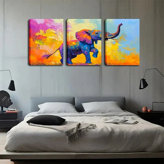 3pcs Vibrant Colorful Elephant Modern Wall Art Set Canvas Framed 40x60cm - High Quality Print 100% Australian Made Wall Canvas Ready to Hang
