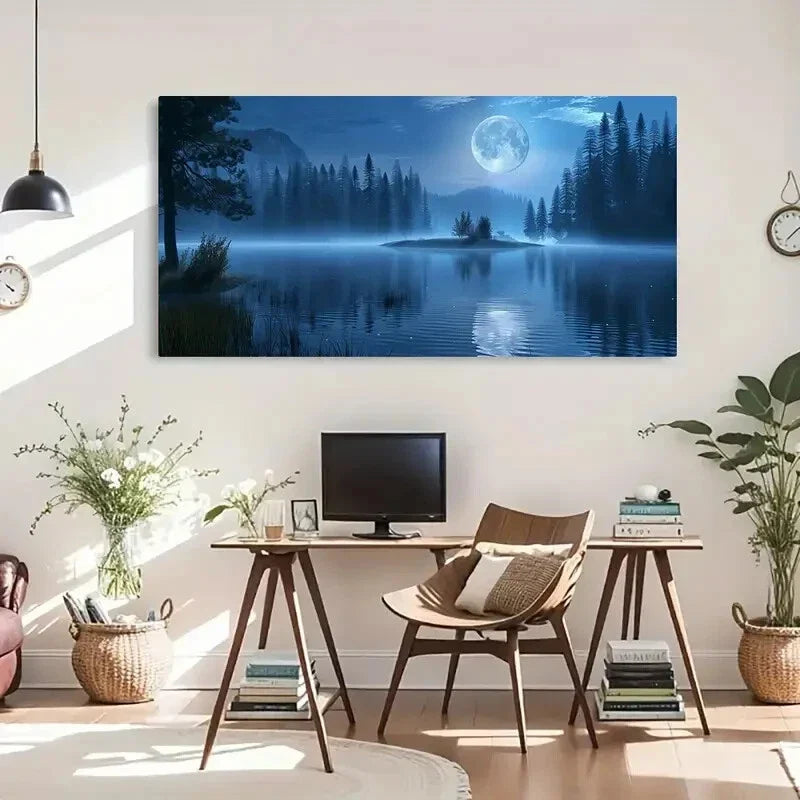 Enchanted Moonlit Lake & Starry Wall Art Canvas Office Home Room Framed 120x60cm
