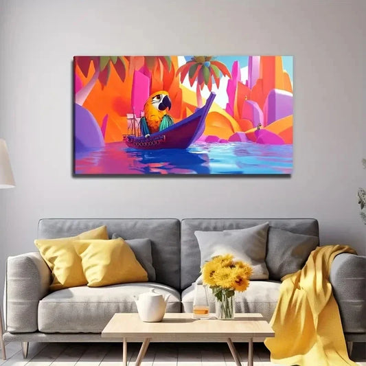 Boat Parrot Tropical Wall Art Canvas Office Home Room Framed 120x60cm