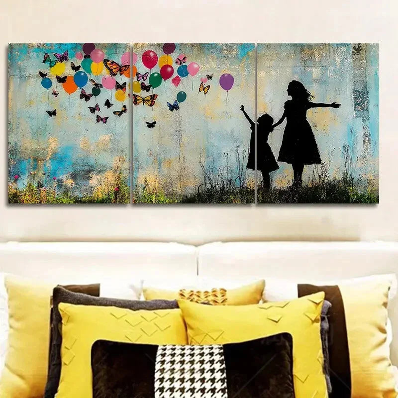 3pcs Little girl and butterfly balloon Metal Print Ready to Hang Art