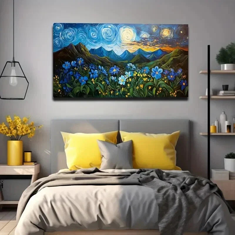 Swirling Blue and Yellow Nebula Wall Art Canvas Office Home Room Framed 120x60cm