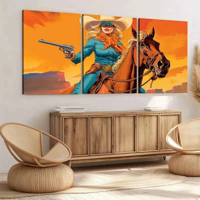3pcs Vintage Art Cow Girl Style Brown Horse Lady Wall Art Set Canvas Framed 40x60cm - High Quality Print 100% Australian Made Wall Canvas Ready to Hang