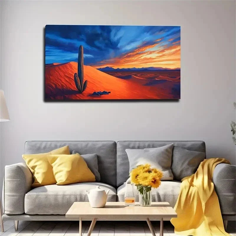 Desert Sunset Cactus Orange Wall Art Canvas Office Home Room Framed 120x60cm