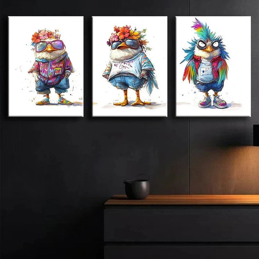 3pcs Modern Fantasy Bird Wearing Dress & Glasses Metal Print Ready to Hang Art
