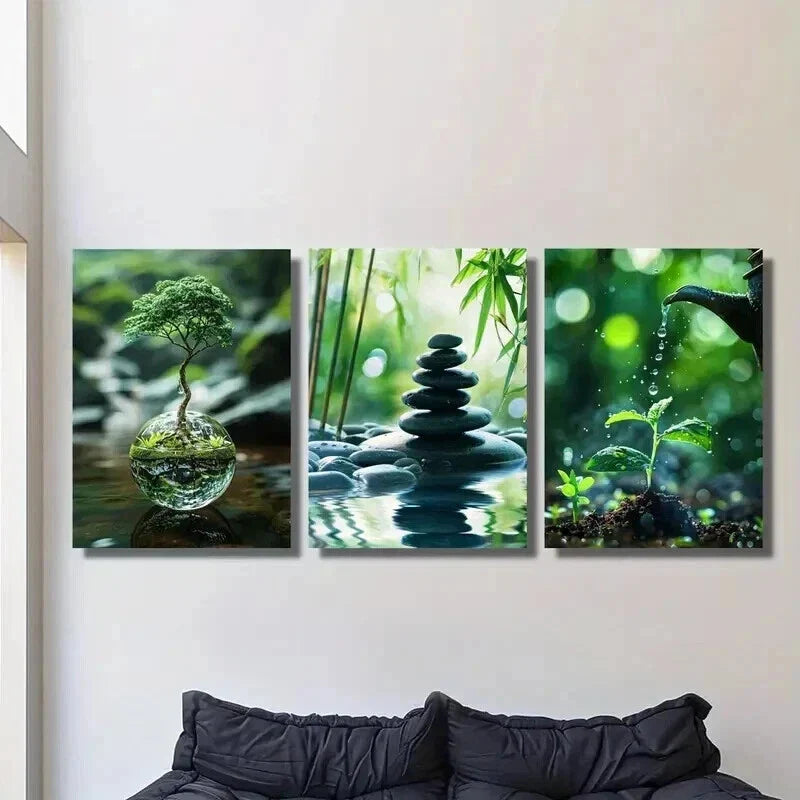 3pcs Tree Stacked Stones & Sapling Watering Wall Art Set Canvas Framed 40x60cm - High Quality Print 100% Australian Made Wall Canvas Ready to Hang