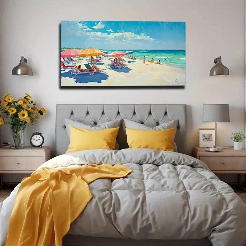 Vibrant Beach with Umbrellas Wall Art Canvas Office Home Room Framed 120x60cm