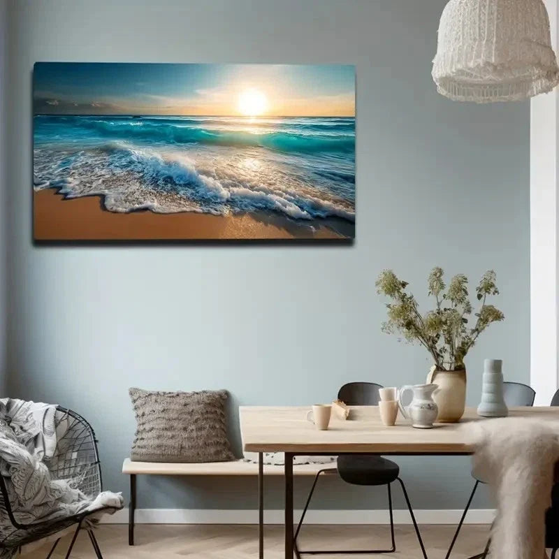 Beach Scene With Sunset & Ocean Wall Art Canvas Office Home Room Framed 120x60cm