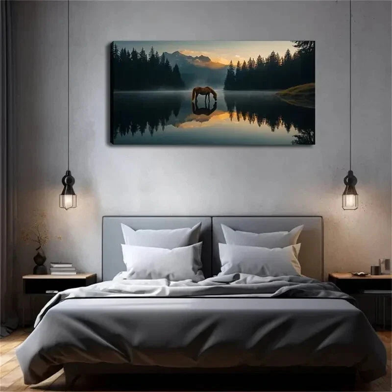 A Horse In A Peaceful Lake Wall Art Canvas Office Home Room Framed 120x60cm