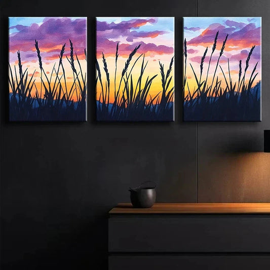 3pcs Sunset Silhouette Colourful Grass Metal Print Ready to Hang Art