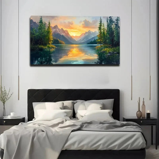 Sunset Lake Pine Trees Mount Wall Art canvas office home room framed 120x60cm