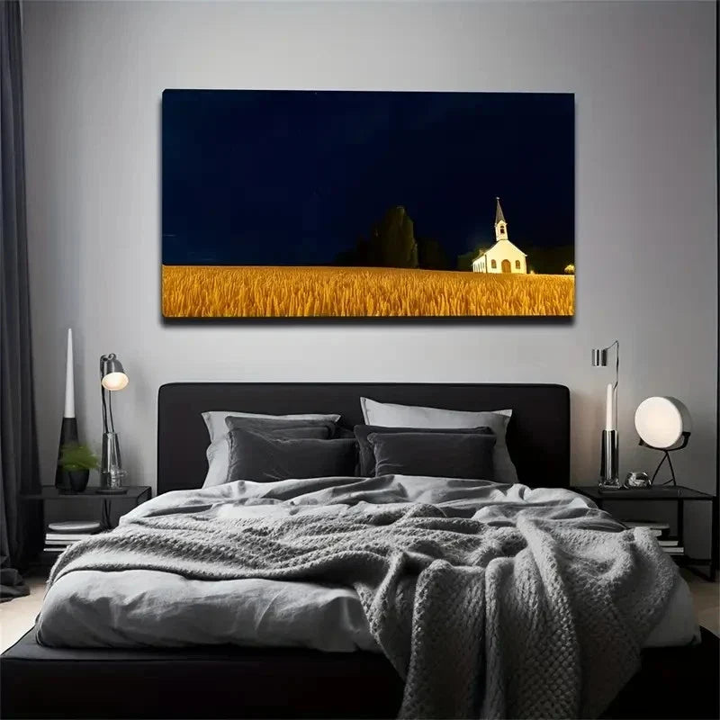 Tranquil Golden Wheat Field Wall Art Canvas Office Home Room Framed 80x45cm