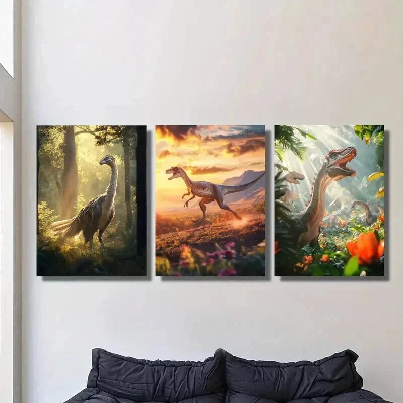 3pcs Feathered Dinosaurs in Forest Illustrations Wall Art Set Canvas Framed 40x60cm - High Quality Print 100% Australian Made Wall Canvas Ready to Hang