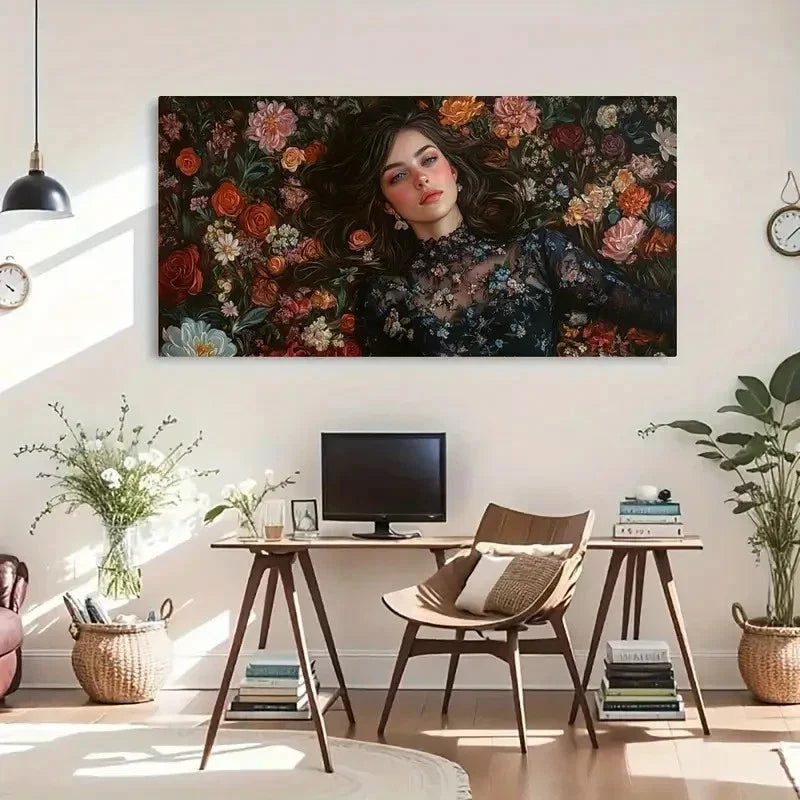 Elegant Woman & Vibrant Flowers Wall Art Canvas Office Home Room Framed 120x60cm