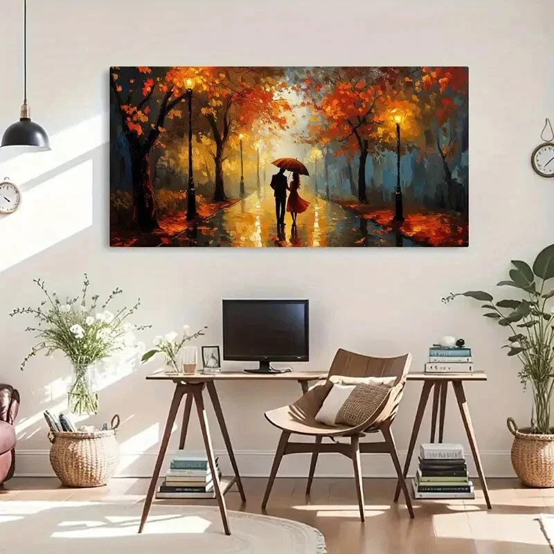 Autumn Rainy Street Romantic Wall Art Canvas Office Home Room Framed 80x45cm